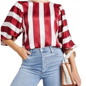 Anthropologie Maeve Maria Balloon Sleeve Striped Satin Blouse Red White Sz 4